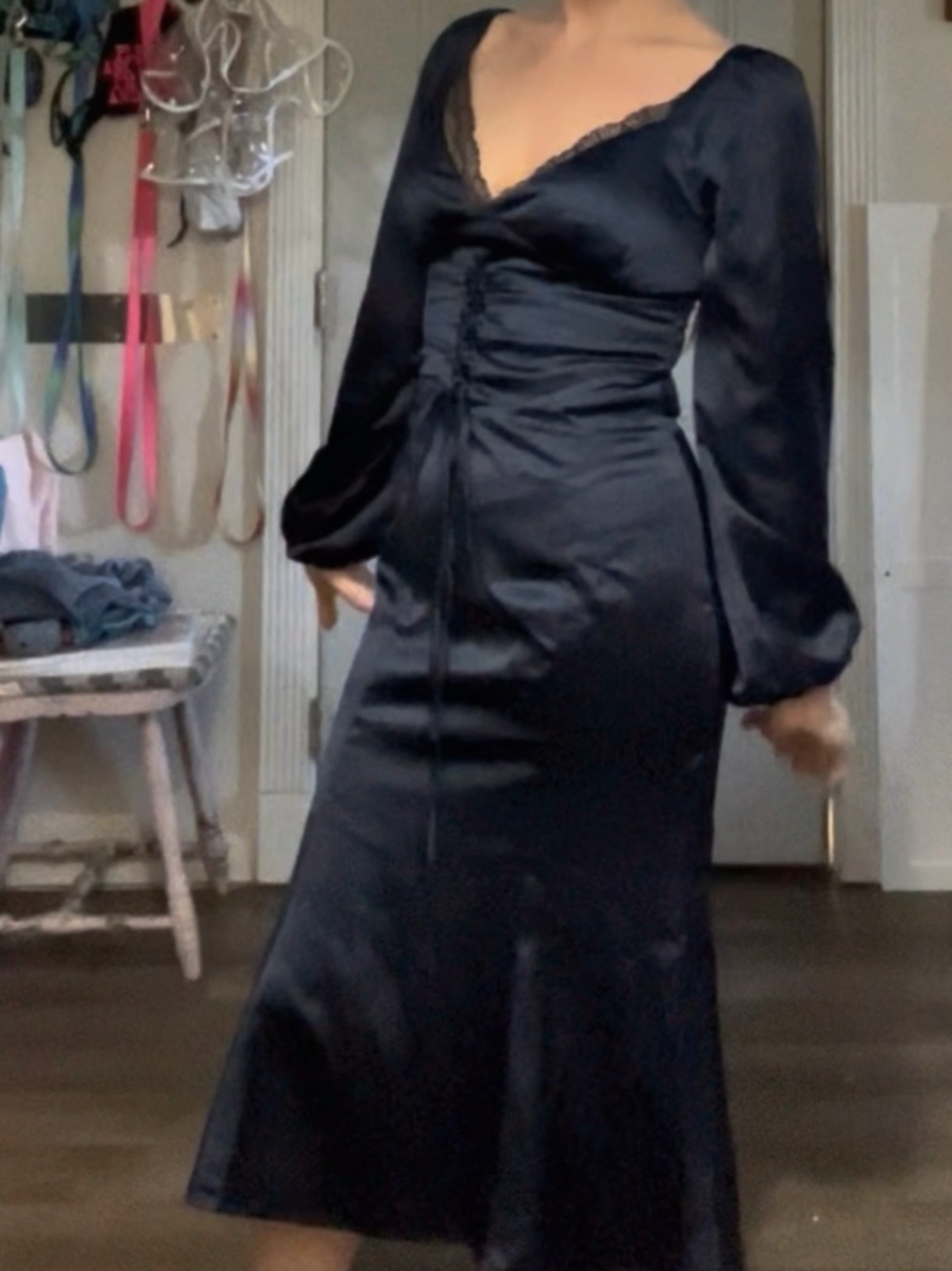 Navy Satin Long Sleeve Midi Dress